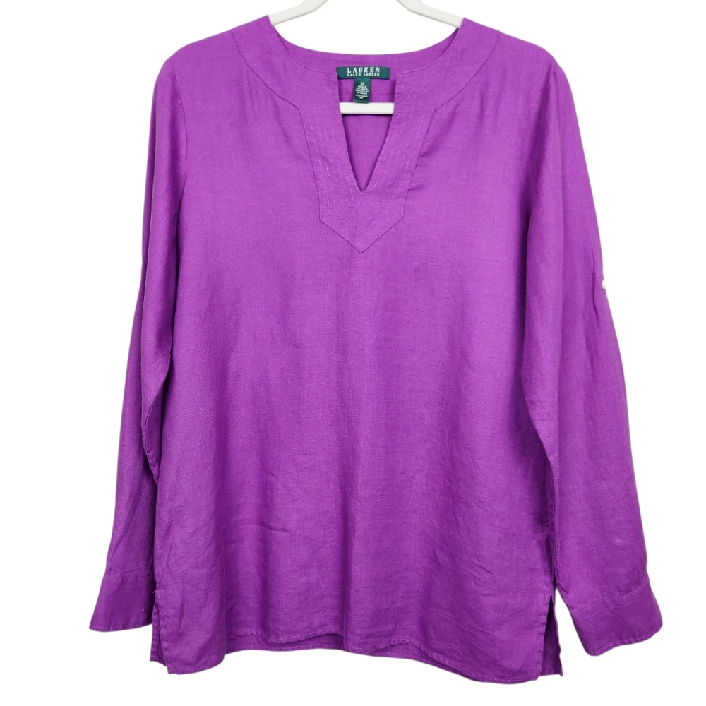 Lauren Ralph Lauren LRL Purple 100% Linen Tunic Mandarin Collar Womens Size M